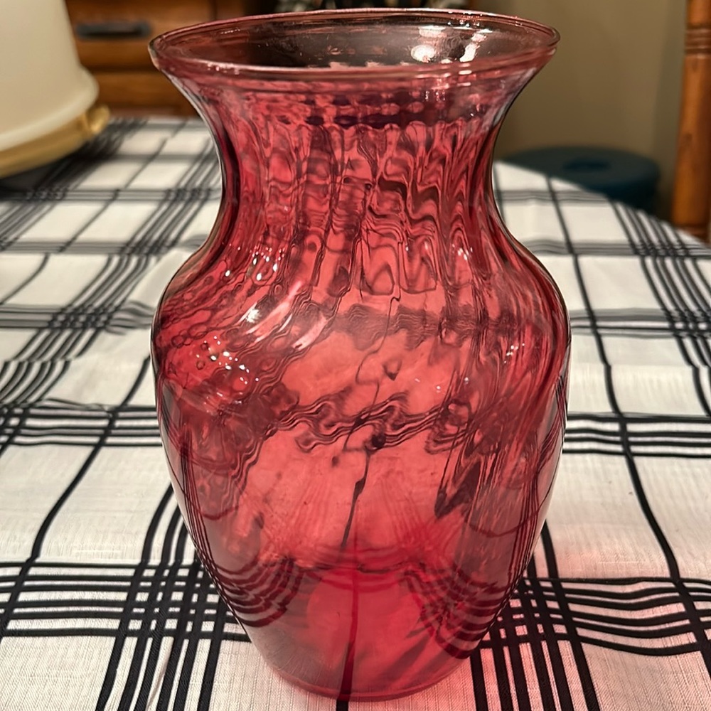 Vintage Cranberry Optic Swirl Glass Vase